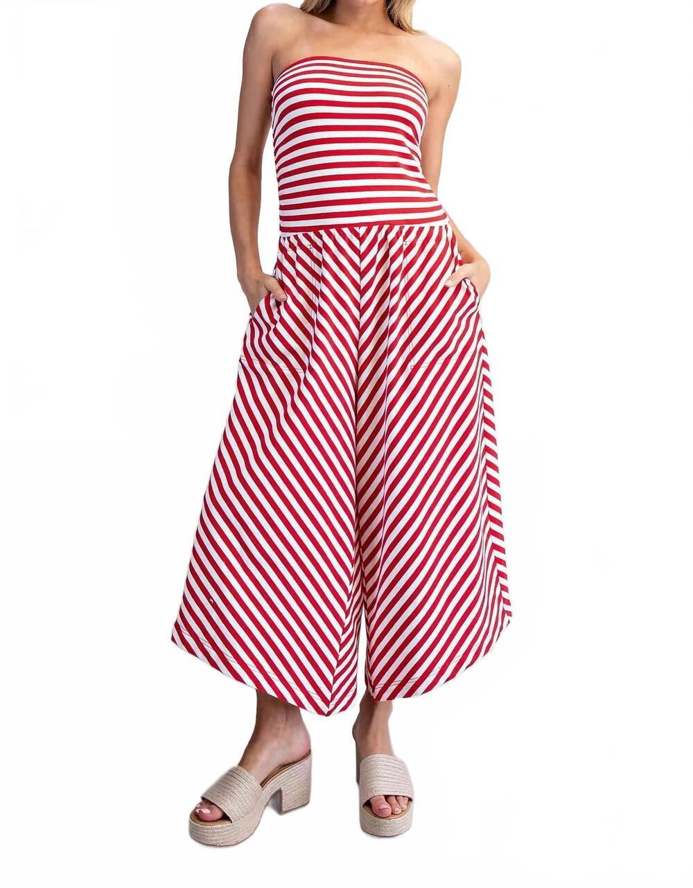 NEW EE:SOME katherine strapless wide leg jumpsuit in red & white striped